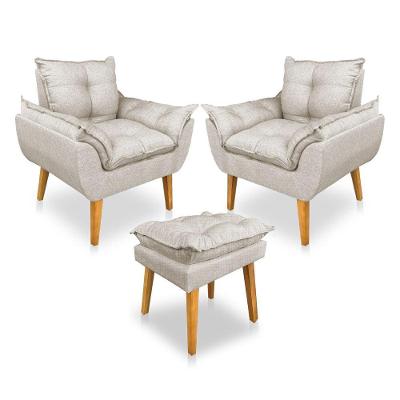 Kit Poltrona Decorativa E Puff Opala Luxo Linho Bege Dal Poz Estofados