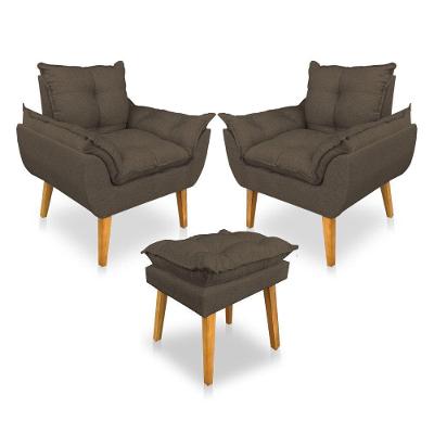 Kit Poltrona Decorativa E Puff Opala Luxo Linho Marrom Dal Poz Estofados