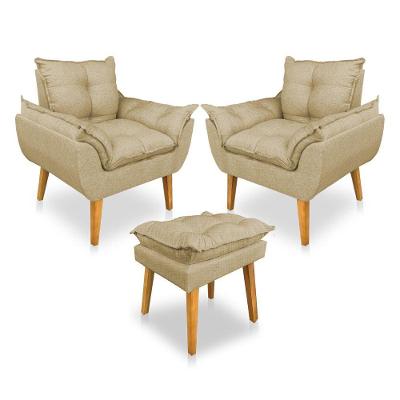 Kit Poltrona Decorativa E Puff Opala Luxo Linho Dourado Dal Poz Estofados