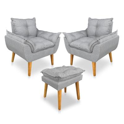 Kit Poltrona Decorativa E Puff Opala Luxo Linho Cinza Dal Poz Estofados