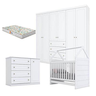 Quarto De Bebê Americano 6 Portas Com Berço Montessoriano Branco E Colchão Gazin - Henn