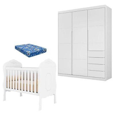 Berço Americano Realeza E Guarda Roupa Infantil Blenda Branco Acetinado Com Colchão Ortobom