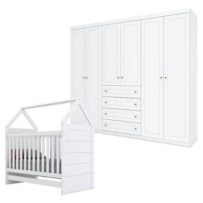 Berço Montessoriano E Guarda Roupa Infantil Americano 6 Portas Branco - Henn