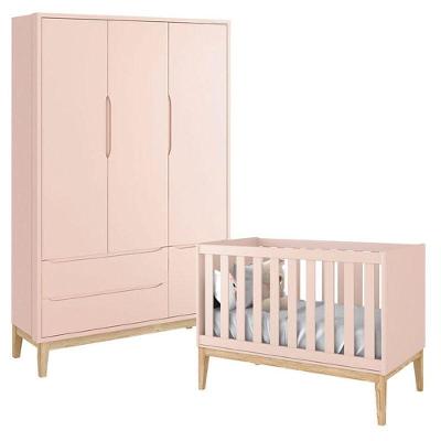Berço Americano E Guarda Roupa Classic 3 Portas Rosa Com Pés Madeira Natural - Reller