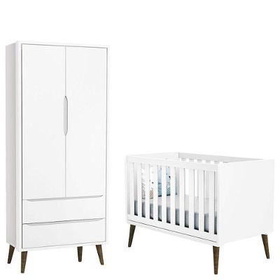 Berço Americano E Guarda Roupa 2 Portas Infantil Theo Branco Acetinado Com Pés Amadeirado - Reller