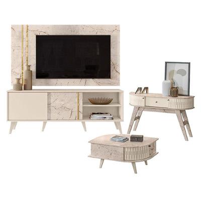 Rack Bancada E Painel Para Tv Cronos Com Aparador Estoril E Mesa De Centro Indianápolis Calacata Off White - Madetec