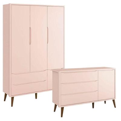 Guarda Roupa Infantil 3 Portas E Cômoda Theo 1 Porta Rosa Com Pés Amadeirados - Reller
