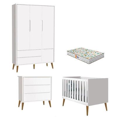 Quarto De Bebê 3 Portas E Cômoda Gaveteiro Theo Branco Pés Amadeirados Com Colchão Gazin - Reller