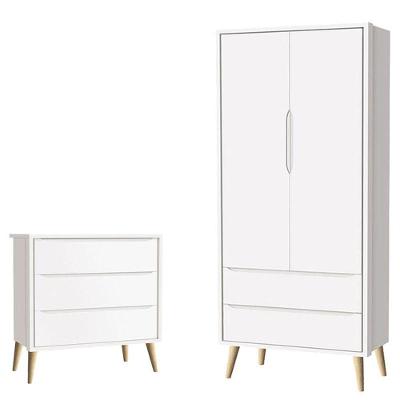 Cômoda Gaveteiro Infantil E Guarda Roupa 2 Portas Theo Branco Acetinado Pés Madeira Natural - Reller