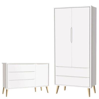 Cômoda Infantil Com Porta E Guarda Roupa 2 Portas Theo Branco Acetinado Pés Madeira Natural - Reller