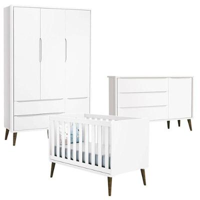 Quarto De Bebê Theo 3 Portas Com Cômoda Com Porta Branco Acetinado Com Pés Amadeirado - Reller