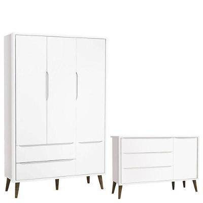 Cômoda Infantil Com Porta E Guarda Roupa 3 Portas Theo Branco Acetinado Com Pés Amadeirado - Reller