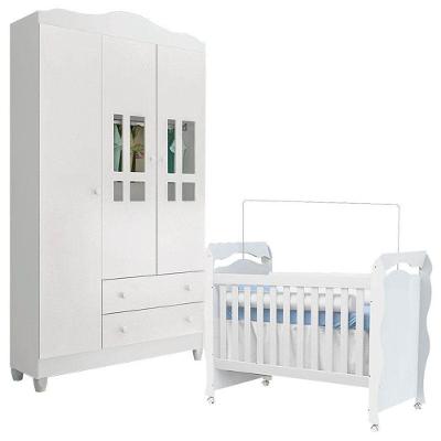 Berço Americano New Nanda E Guarda Roupa Infantil Ariel 3 Portas Branco Brilho - Carolina