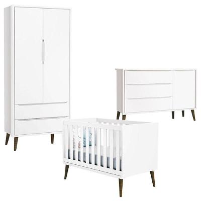 Quarto De Bebê Theo 2 Portas Com Cômoda Com Porta Branco Acetinado Com Pés Amadeirado - Reller