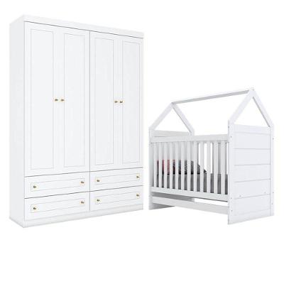 Berço Montessoriano Americano E Guarda Roupa Infantil Mississipi 4 Portas Branco - Henn
