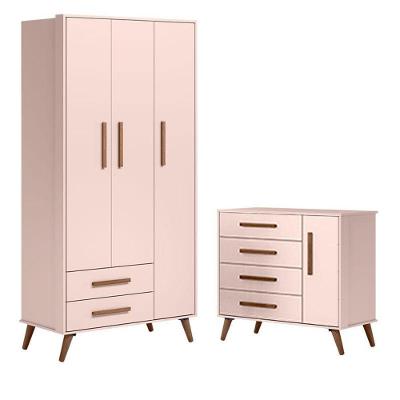 Cômoda 3825 E Guarda Roupa 3830 Q Encanto Retrô Rosa - Qmovi