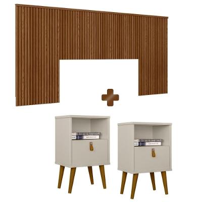 Kit Para Quarto Cabeceira Queen Casal Ripada Com 2 Mesas De Cabeceira Freijó Shop Jm