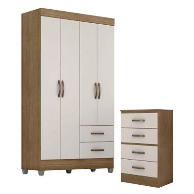 Guarda Roupa Solteiro 4 Portas E Cômoda 4 Gavetas Lite Nature Off White - Móveis Leão