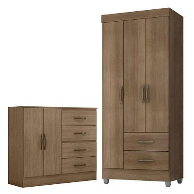 Guarda Roupa Solteiro 3 Portas E Cômoda 4 Gavetas E 2 Portas Lite Carvalho Oak - Móveis Leão