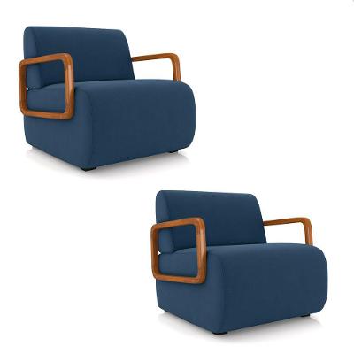 Poltrona Sala De Estar Braço De Madeira Kit 2 Hellen Veludo K01 - D'rossi Cor Azul Marinho