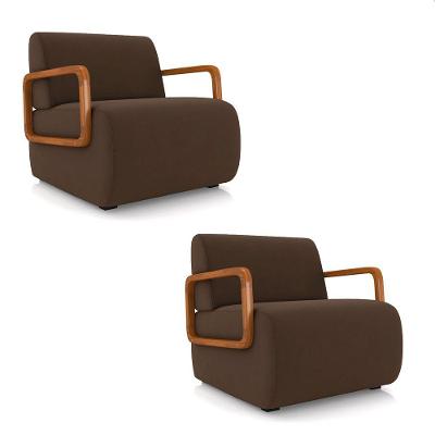 Poltrona Sala De Estar Braço De Madeira Kit 2 Hellen Veludo K01 - D'rossi Cor Marrom