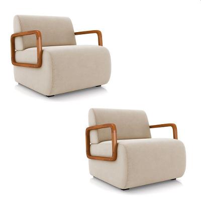 Poltrona Sala De Estar Braço De Madeira Kit 2 Hellen Veludo K01 - D'rossi Cor Bege