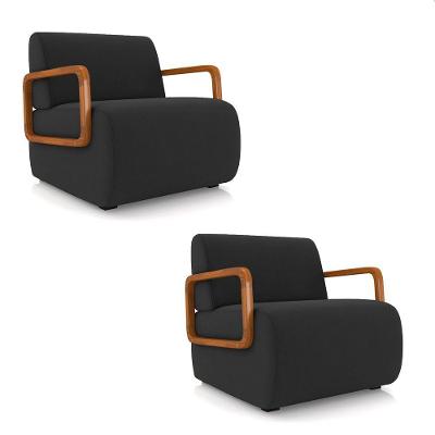 Poltrona Sala De Estar Braço De Madeira Kit 2 Hellen Veludo K01 - D'rossi Cor Preto