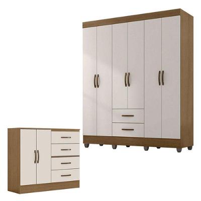 Guarda Roupa Casal 6 Portas E Cômoda 4 Gavetas 2 Portas Lite Nature Off White - Móveis Leão