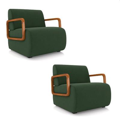 Poltrona Sala De Estar Braço De Madeira Kit 2 Hellen Veludo K01 - D'rossi Cor Verde