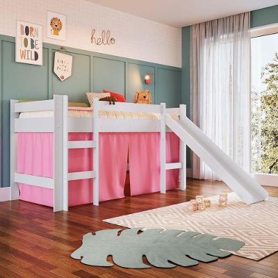 Cama Infantojuvenil Elevada Com Escorrega E Cortina Completa Móveis Branco-rosa