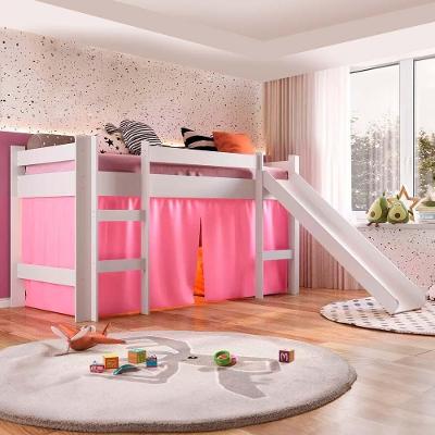 Cama Elevada Infantil Solteiro Com Escorrega Branco E Cortina Rosa 93 X 202 Cm Zimo Jm Móveis