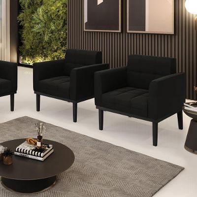 Kit 2 Poltronas Decorativas Pés Fixo Em Madeira Preto Suede Preto