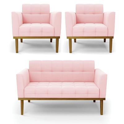 Conjunto 2 Poltronas E 1 Namoradeira Decorativa Pés Fixo Em Madeira Castanho Suede Rosa Bebê