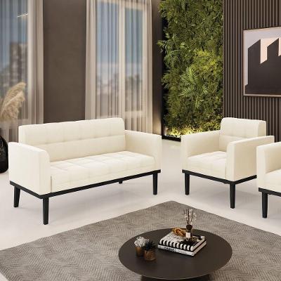 Conjunto Poltrona E Namoradeira Decorativa Pés Fixo Em Madeira Preto Veludo Bege