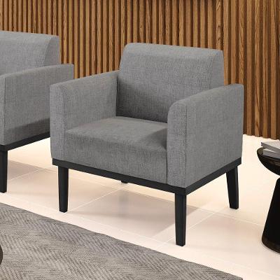 Poltrona Decorativa Pés Fixo Em Madeira Preto Linho Cinza Mesclado