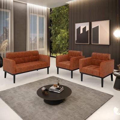 Conjunto 2 Poltronas E 1 Namoradeira Decorativa Pés Fixo Em Madeira Preto Pu Nozes