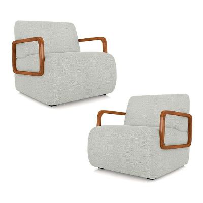 Kit 2 Poltronas Decorativa Sala De Estar Odessa Braços Em Madeira Bouclê Cinza Claro G33
