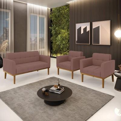 Conjunto 2 Poltronas E 1 Namoradeira Decorativa Pés Fixo Em Madeira Castanho Veludo Rose