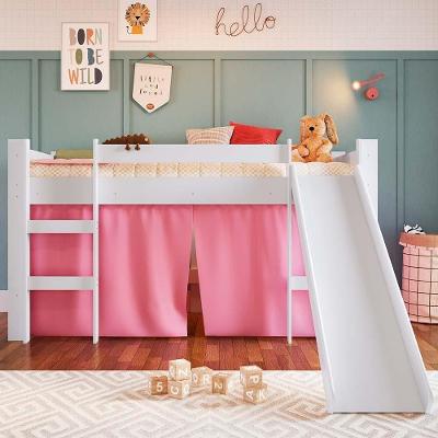 Cama Cabaninha Infantil Montessori Com Escorrega Branco E Cortina Rosa Cirion Jm Móveis