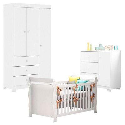 Quarto De Bebê Duda 3 Portas Com Berço Americano Lara Branco Brilho - Phoenix Baby