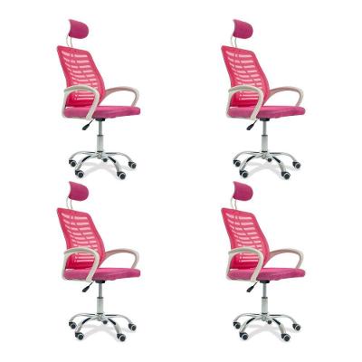 Kit 4 Cadeiras Escritório Diretor Tela Mesh Com Encosto De Cabeça Rosa