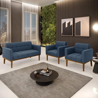 Conjunto 2 Poltronas E 1 Namoradeira Decorativa Pés Fixo Em Madeira Castanho Suede Azul Marinho