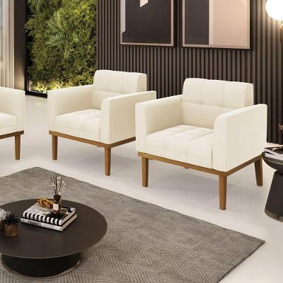 Kit 2 Poltronas Decorativas Pés Fixo Em Madeira Castanho Veludo Bege