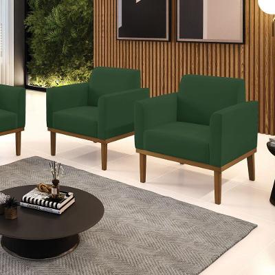 Kit 2 Poltronas Decorativas Pés Fixo Em Madeira Castanho Veludo Verde Esmeralda