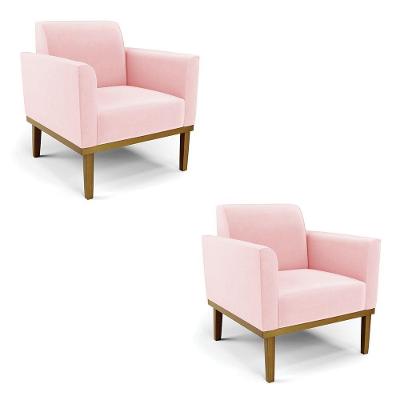 Kit 2 Poltronas Decorativas Pés Fixo Em Madeira Castanho Suede Rosa Bebê