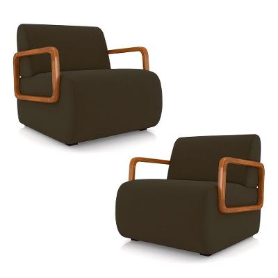 Kit 2 Poltronas Decorativa Sala De Estar Odessa Braços Em Madeira Veludo Marrom G33