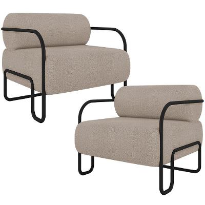 Kit 02 Poltronas Decorativa Pés Industrial Moscou K01 Bouclê Bege - Lyam Decor