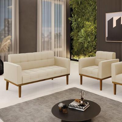 Conjunto Poltrona E Namoradeira Decorativas Pés Fixo Em Madeira Castanho Suede Bege