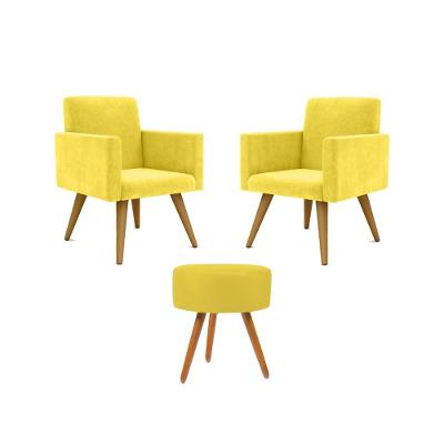 Jogo 02 Poltronas Decorativas + Puff Redondo Cor: Amarelo