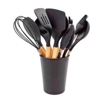 Kit 12 Utensílios Jogo De Cozinha De Silicone Com Espatulas Pincel Batedor Manual - Preto
